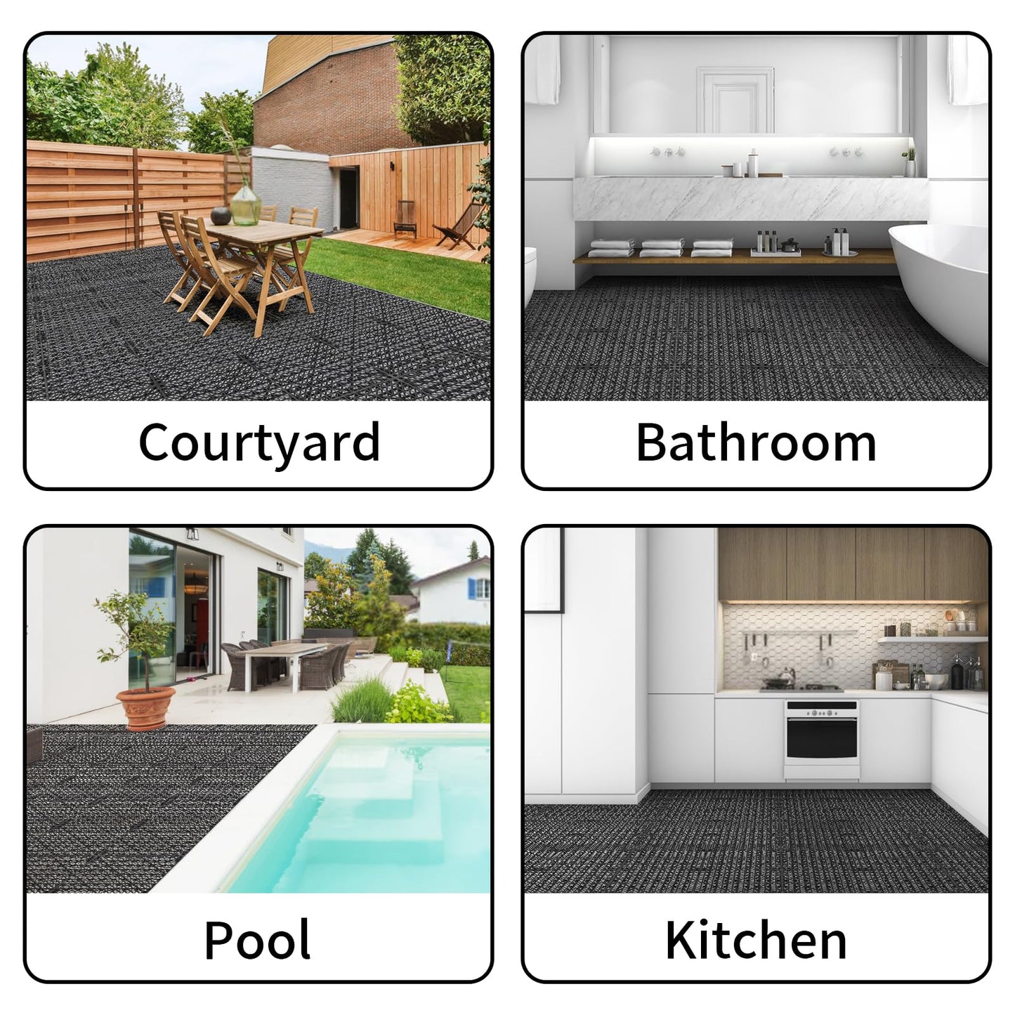 FAHKNS 50Pcs Interlocking Drainage Tiles, 12Inx12In Non-Slip Splicing Waterproof Mat, Free Joint Snap-On Installation with Rubber Drainage Mat for Indoor and Outdoor Use, Black