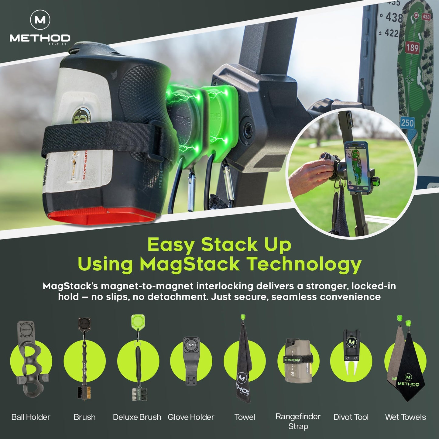 Method Golf RiderStack Magnetic Golf Cart Phone Holder – Heavy Duty Magnet Mount for iPhones & Android with Magnetic Rangefinder Strap- Magnetic Phone Holder Compatible with EZGO, Club Car & Yamaha