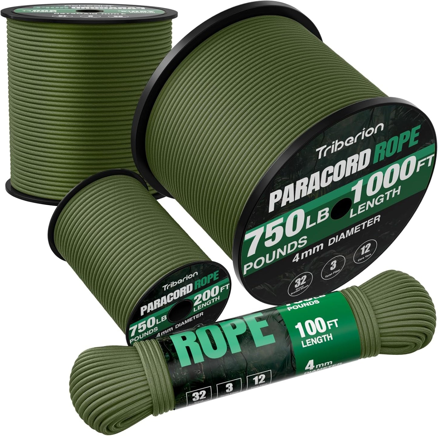 Paracord Rope 750 lb - Heavy Duty 12-Strand Parachute Cord | 1000ft, 500ft, 200ft, 100ft Options for Camping & Survival Gear