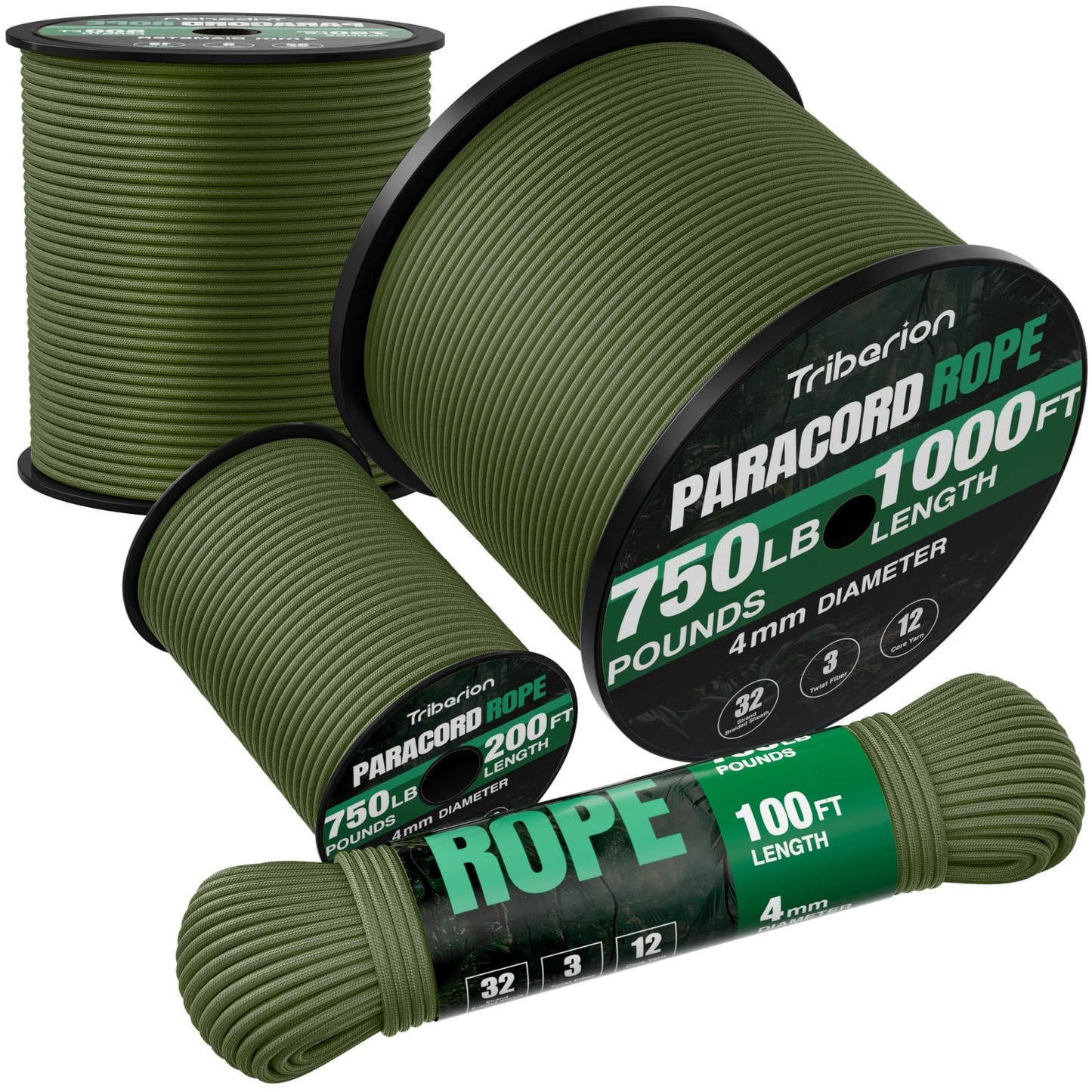 TRIBERION Paracord Rope 750 lb - 50ft 5/32" Parachute Cord 4MM 12-Strand para Cord - Heavy Duty Spool String for Survival,Camping Gear, Survival Bracelet, Clothesline - Army Green