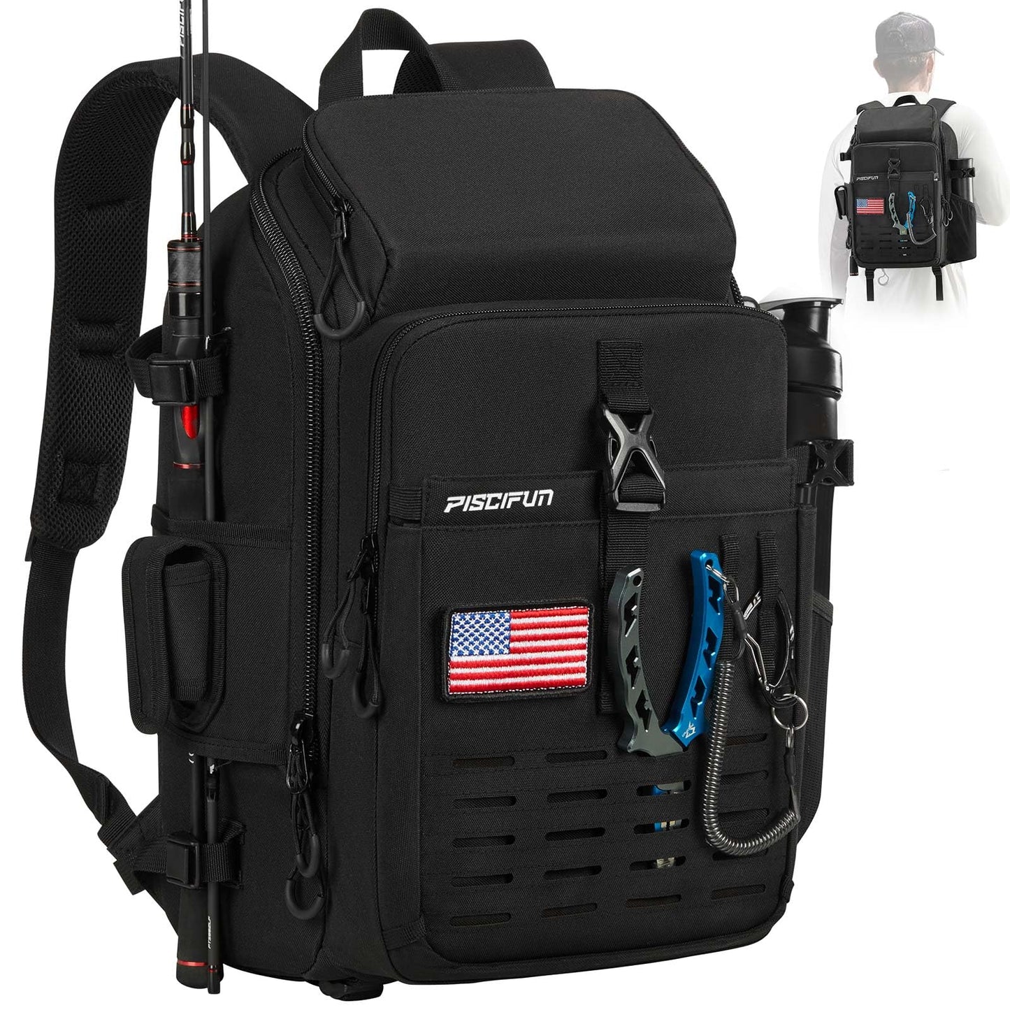 Piscifun Fishing Tackle Backpack, Rod & Gear Holder, Water-Resistant