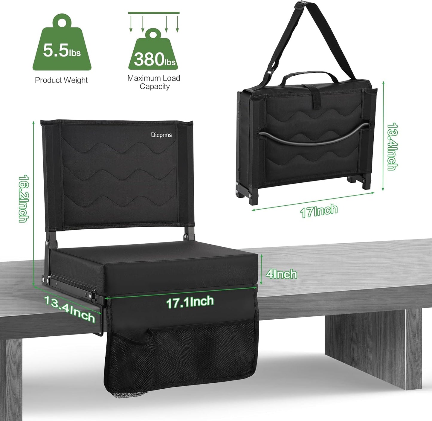 Skiennix Stadium Seats - Portable Bleacher Chairs with Back Support & Thick Padding - Black