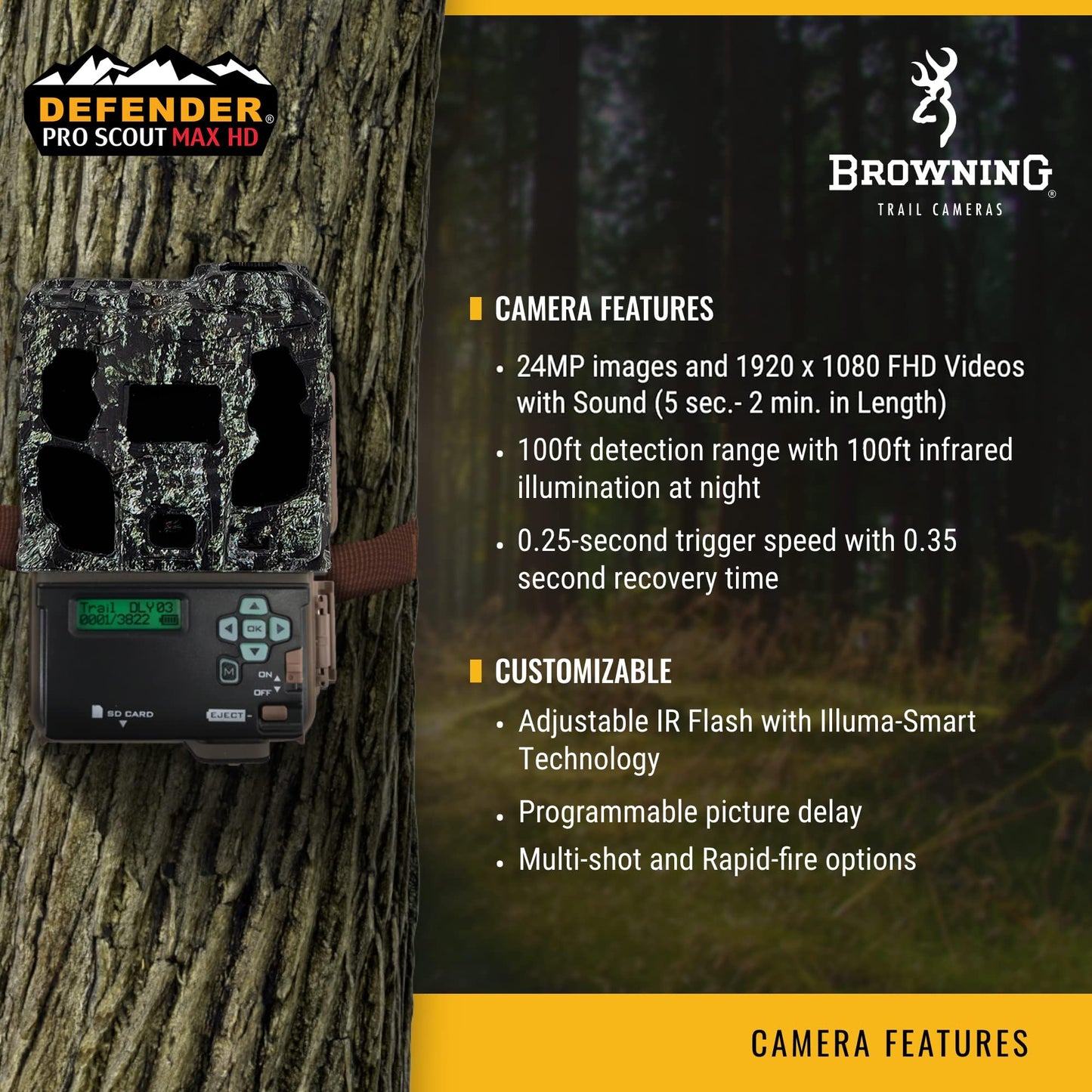 Browning Trail Cameras Defender Pro Scout Max HD 24MP Dual SIM Cellular Trail Camera - Ultra High Gain Antenna, Smart Infrared Video, 100' Detection Range & Smartphone App Compatibility