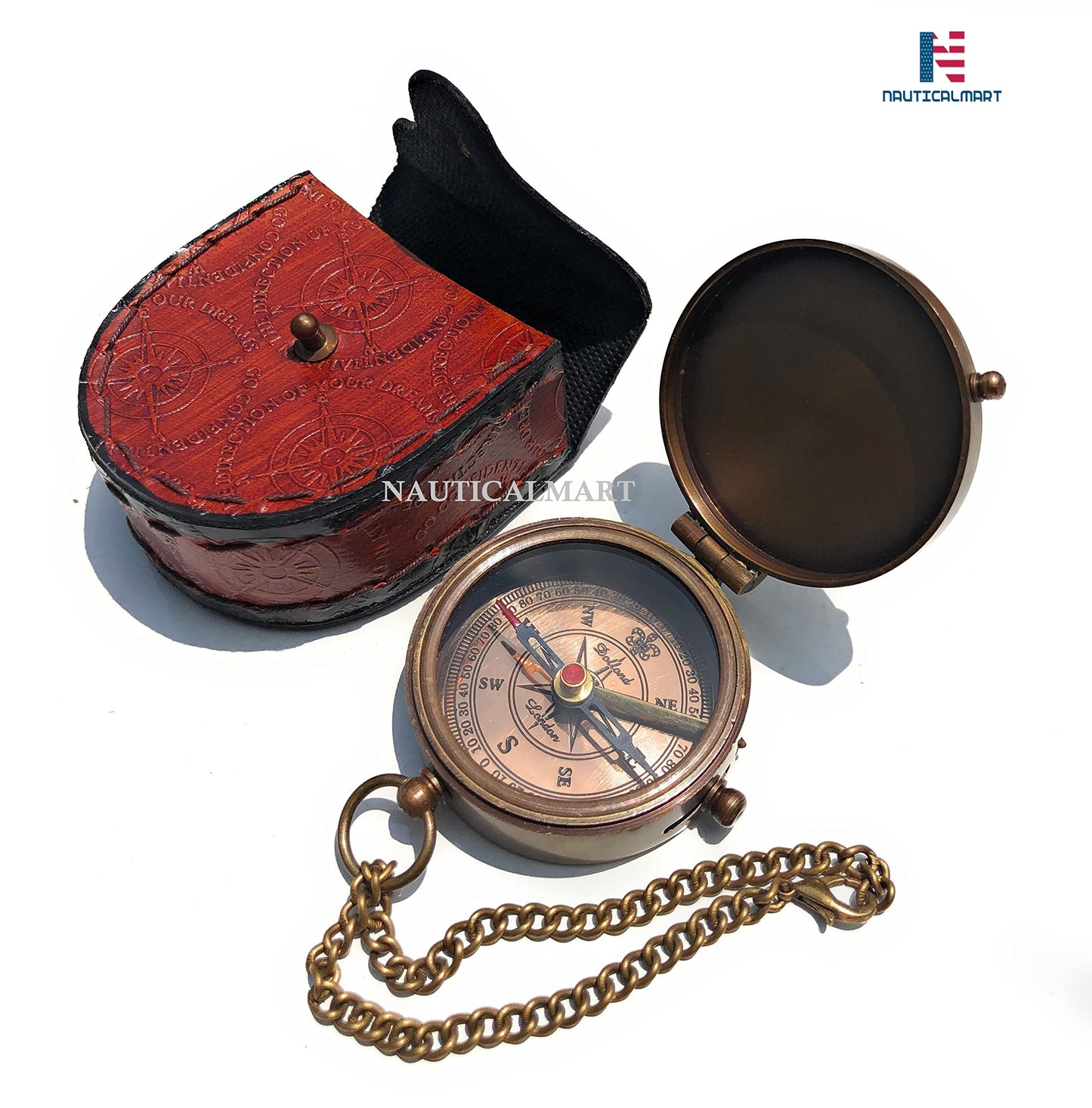 NauticalMart Brass Compass with Engraving - Not All Who Wander are Lost - Personalized Gift for Adventurers - Includes Leather Case - Ideal for Camping and Nautical Enthusiasts