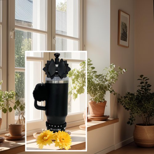 Accessories for Stanley Cup 40oz,3 Decorative Beads Charms for Stanleytumbler,1 Bow Straw Topper,1 Silicone Boot for Stanley40 oz,1 Pompom Ball for Stanleycup Handle,1 Straw Topper Cover (Black)