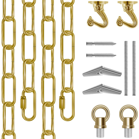 Omytie 15 Ft Heavy Duty Hanging Chain Kit with Connection Locks & Swag Ceiling Hooks for Lighting Fixture, Chandelier, Pendant, Lantern, Swag Lamp, Plant/Flower/Fruit Basket, Bird Feeder (Brass)