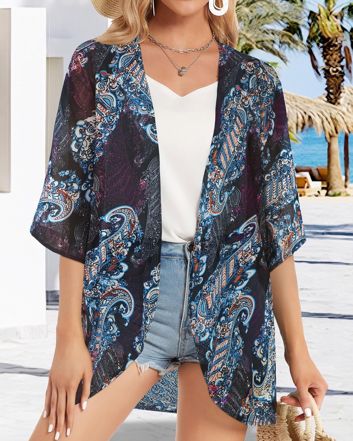 Regine Switzerland Women's Floral Print Kimono Cardigan - Casual Puff Sleeve Cover-Up
