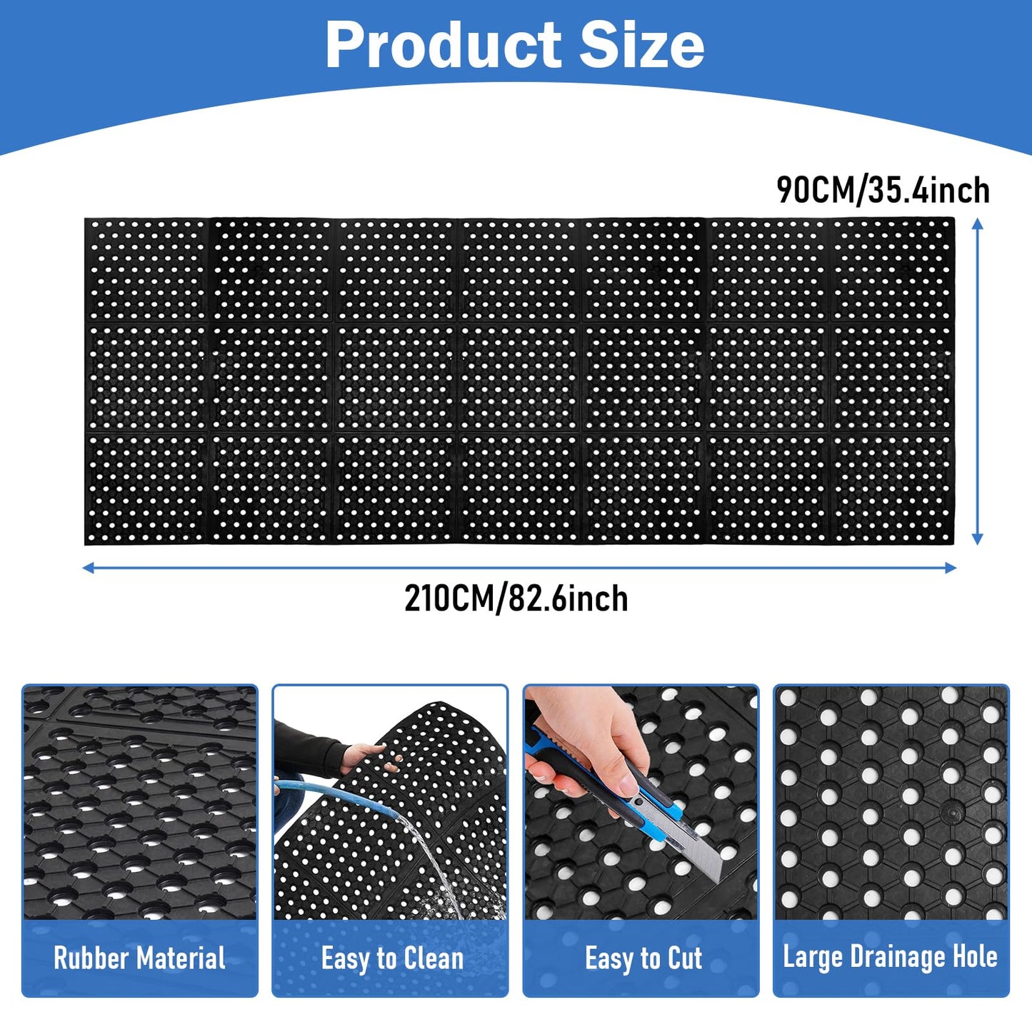 tonchean 82.6"x35.4" Commercial Anti-Fatigue Mat, Non-Slip Drainage Rubber Mat with Holes, Rubber Kitchen Mats for Floor, Restaurant, Door Mats Use Wet Area
