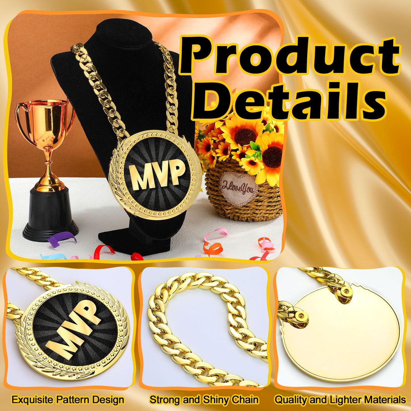 Tondiamo Sports MVP Turnover Chain Medal 6 Big Gold Champ Award Necklace Chain Baseball Basketball Football Soccer Softball Volleyball Sports Competitions Prize Gifts and Party Favors(MVP)
