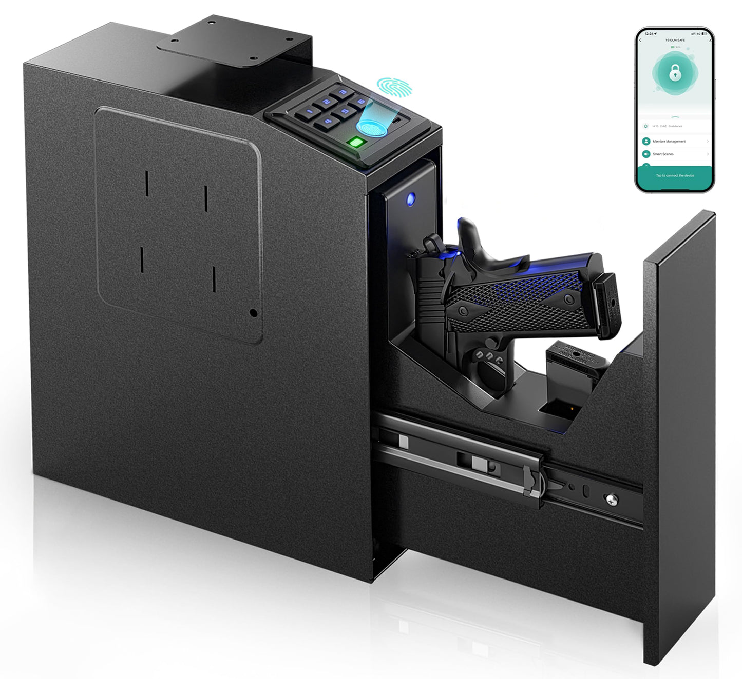 Biometric Slider Safe, 4 Unlock Methods, Wall Safe for Home Defense, Mountable biometric Safe & Lock Box for Nightstand, Desk, Bedside, Truck