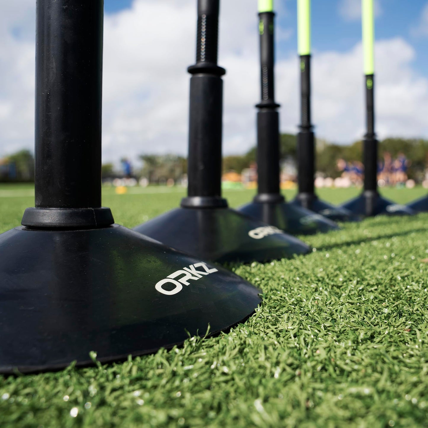 ORKZ Soccer Agility Poles 6ft - Slalom Speed Training Set with Rubber Bases, Spring Loaded, Ground Spikes and Carry Bag - Multifunctional Soccer Training Kit 8 Pack