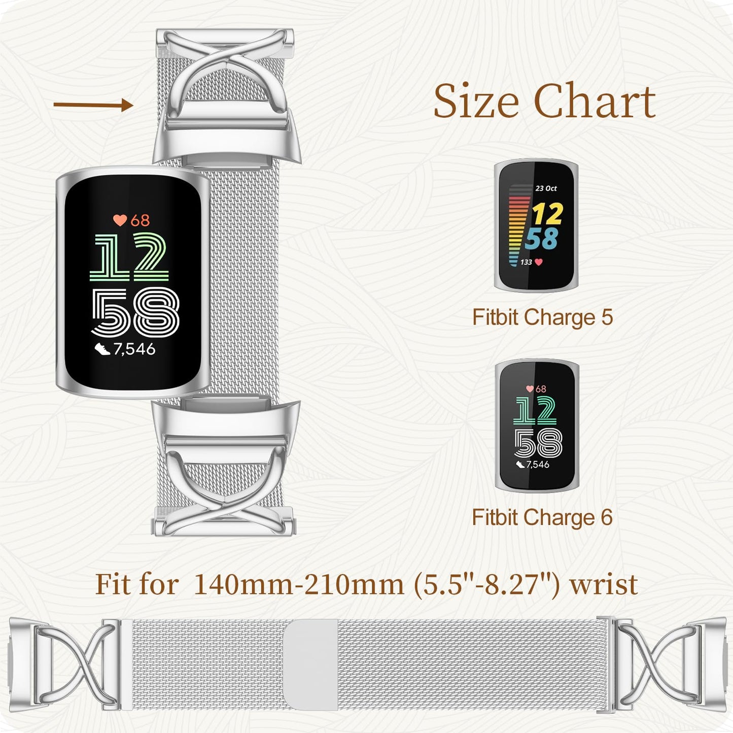 JKD Silver Bands Compatible for Fitbit Charge 6/ Charge 5 Bands Women Men, Magnetic Metal Mesh Strap Solo Loop Wristband Replacement Band for Fitbit Charge 5/ Charge 6 Fitness Tracker Accessories