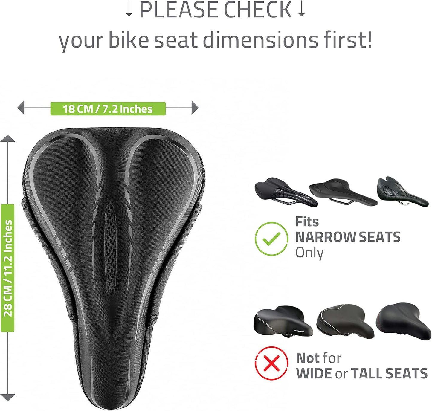 Skiennix Narrow Gel Bike Seat Cushion - Extra Soft Memory Foam & Gel Cover for Peloton, Stationary, & Road Bikes - Unisex