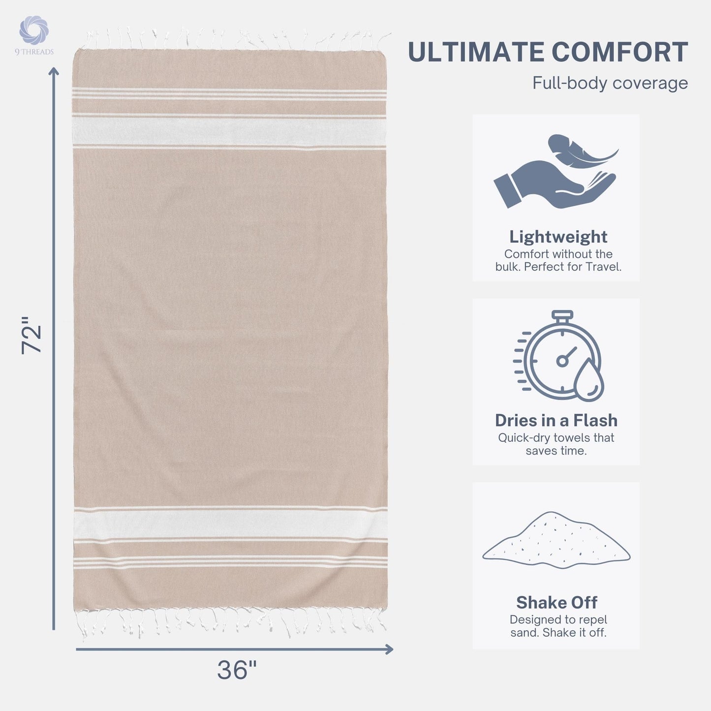 9Threads Cotton Turkish Beach Towel with Towels Oversized 36"x72" Pool Absorbent Extra Large Quick Dry Sand Travel Towel (Beige, 4 Pack)