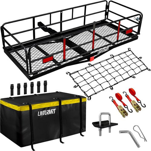LWTURMRT Cargo Carrier Basket - 58" x 24" Folding Hitch Mount for SUVs | 500LBS Capacity, Black with Bag