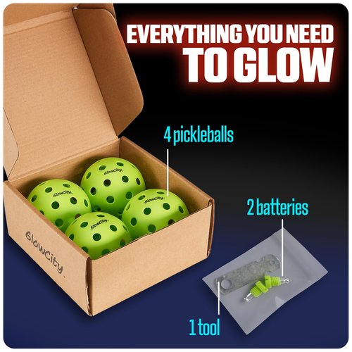 GlowCity LED Pickleball Set: Pack of 4 Glow in The Dark Pickleballs with 20 Hours of Glow Time - Great for Night Time Play