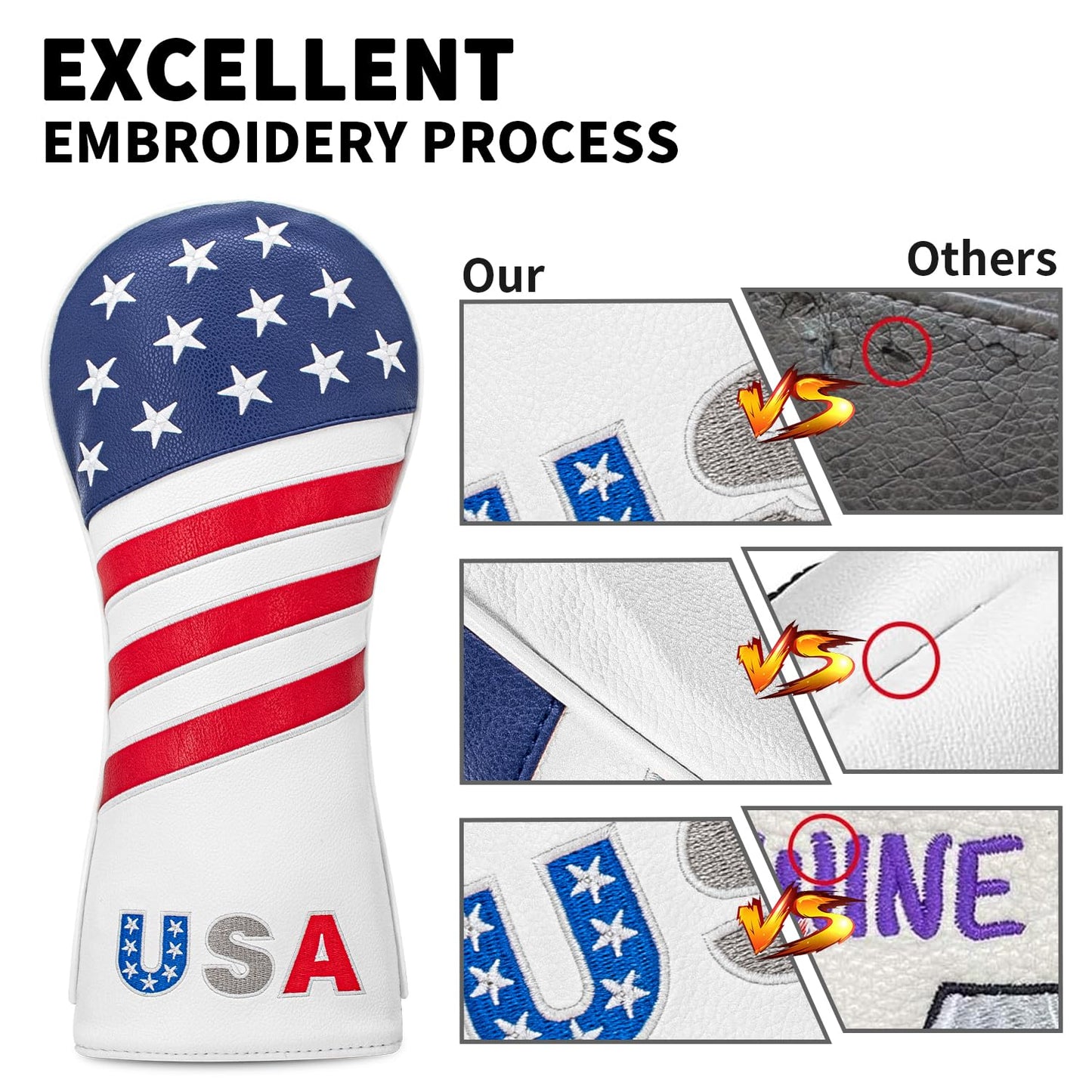 Golf American Style Head Cover Golf Club Blue and White Leather Headcovers Set Fits Driver Fairway Wood Hybrid Utility Putter Iron Wedge Headcover. (Driver)