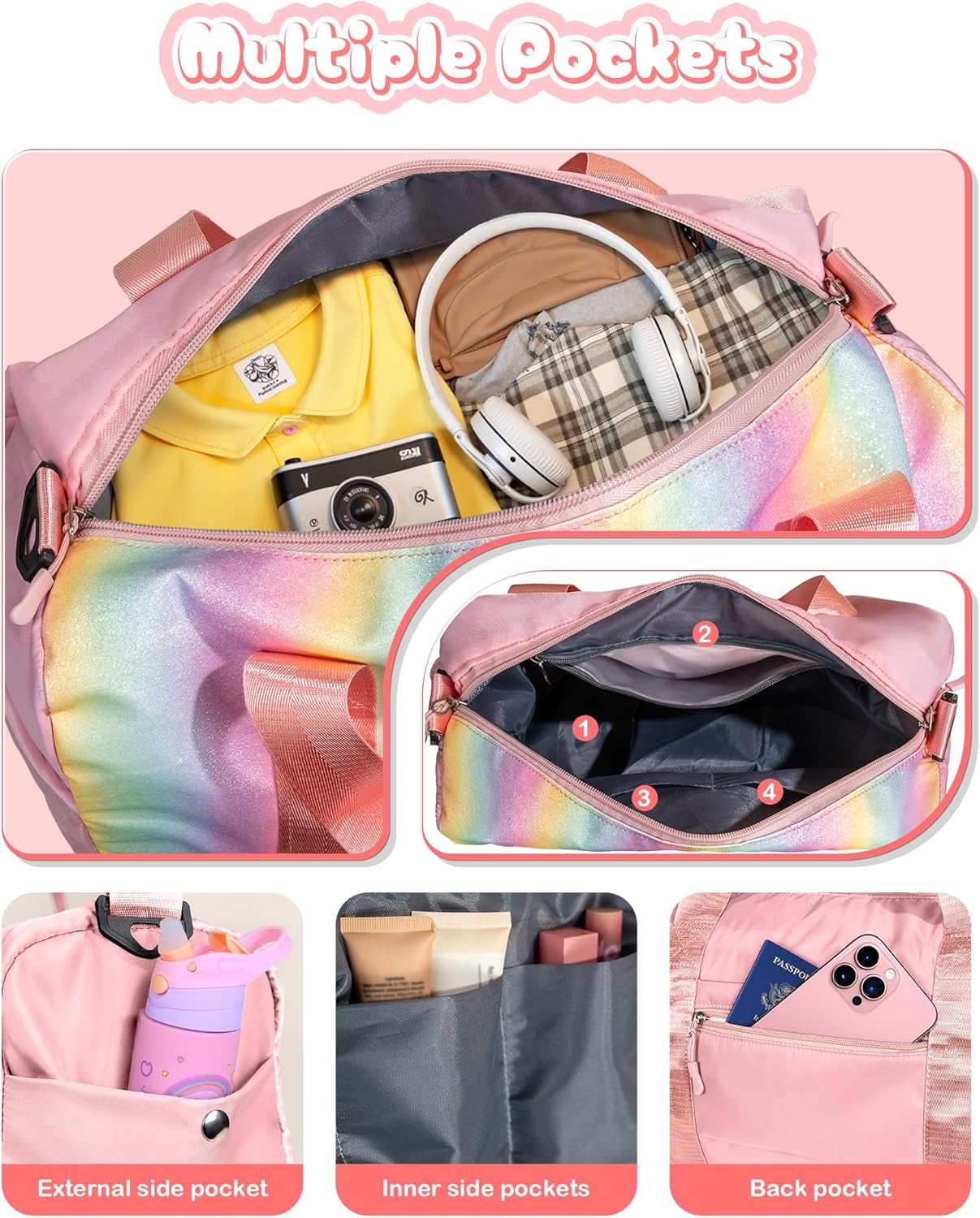 Skiennix Girl Gym Bag - Personalized Weekender Tote with Shoe Compartment & Makeup Pouch | Ideal Birthday Gift for Granddaughter (Letter I)