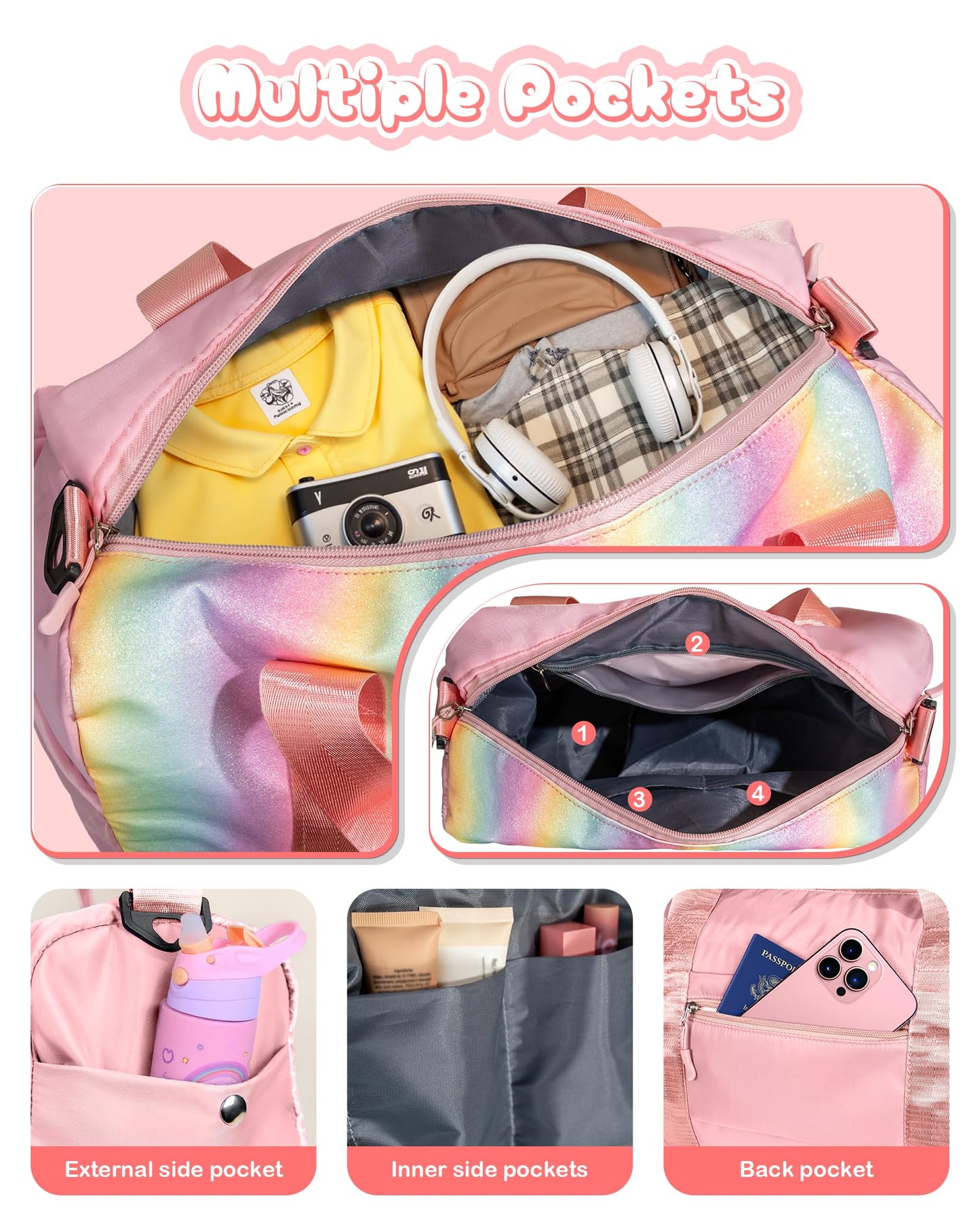 Vogewood Gifts for 3 4 5 6 7 8 9 10 Year Old Girls-Girl Gym Bag with Shoe Compartment, Kid Personalized Weekender Dance Bags, Initial Travel Tote with Makeup Pouch, Gift Ideas for Kids (Letter M)