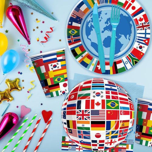 APOWBLS International World Flags Tableware Set - Olympic Party Supplies for 24 Guests | Plates, Cups, Napkins, Cutlery, Tablecloth
