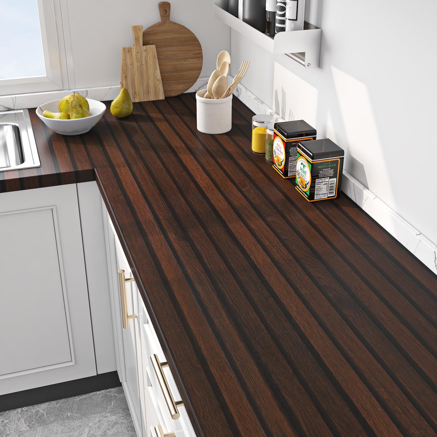 FunStick Brown Slats Wood Wallpaper Peel and Stick Removable Walnut Wood Contact Paper for Cabinets Peel and Stick Wood Slat Wall Panel Wallpaper for Bedroom Bathroom Accent Wall Waterproof 15.8"x80"