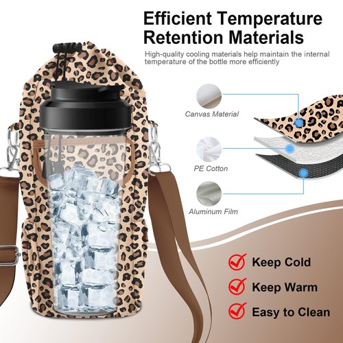 Leopard Water Bottle Holder with Strap,Water Bottle Carrier Bag with Phone Pocket for Stanley Cup 40/32/30oz Tumbler, Insulated Crossbody Sling Bottle Pouch with Adjustable Shoulder for Hiking Camping