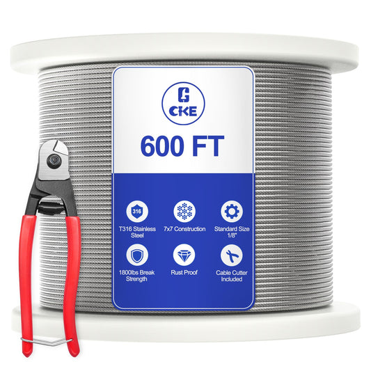 CKE 600FT 1/8" Stainless Steel Cable Railing System Hardware, T316 Marine Grade Stainless Steel Wire Rope Cable for Deck Cable Railing Kits, 7x7 Strands Aircraft Cable Wire Rope, DIY Balustrades CW600