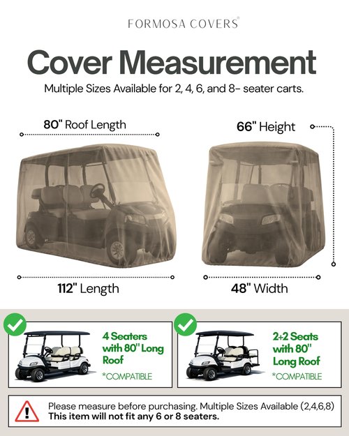 Formosa Covers Heavy Duty Golf Cart Cover 4 Passenger Extended Roof Premium Golf Cart Accessories All Weather fits 80" Roof EZGO, Club Car, Evolution, Yamaha G Models, GEM e2 (Grey, Taupe, or Green)