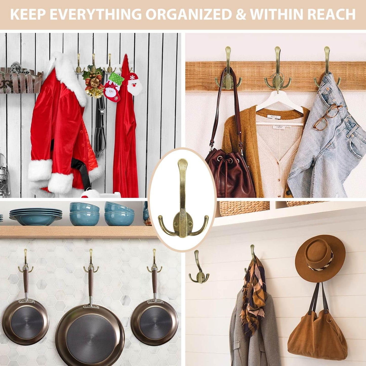 Homanu 8 Pack Coat Hooks Heavy Duty, Metal Three Prongs Large Coat Hooks Wall Mounted with 16 Screws, No Rust Antique Brass Rustic Wall Hooks for Hanging Towel, Coat, Scarf, Bag, Hat, Cup, Key