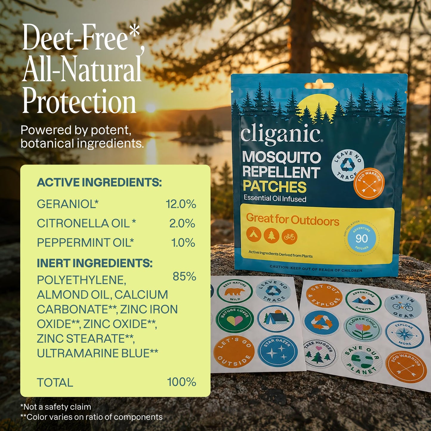Cliganic Mosquito Repellent Stickers (90 Pack) - Camping Patches for Kids & Adults, Natural DEET-Free, Essential Oil Infused