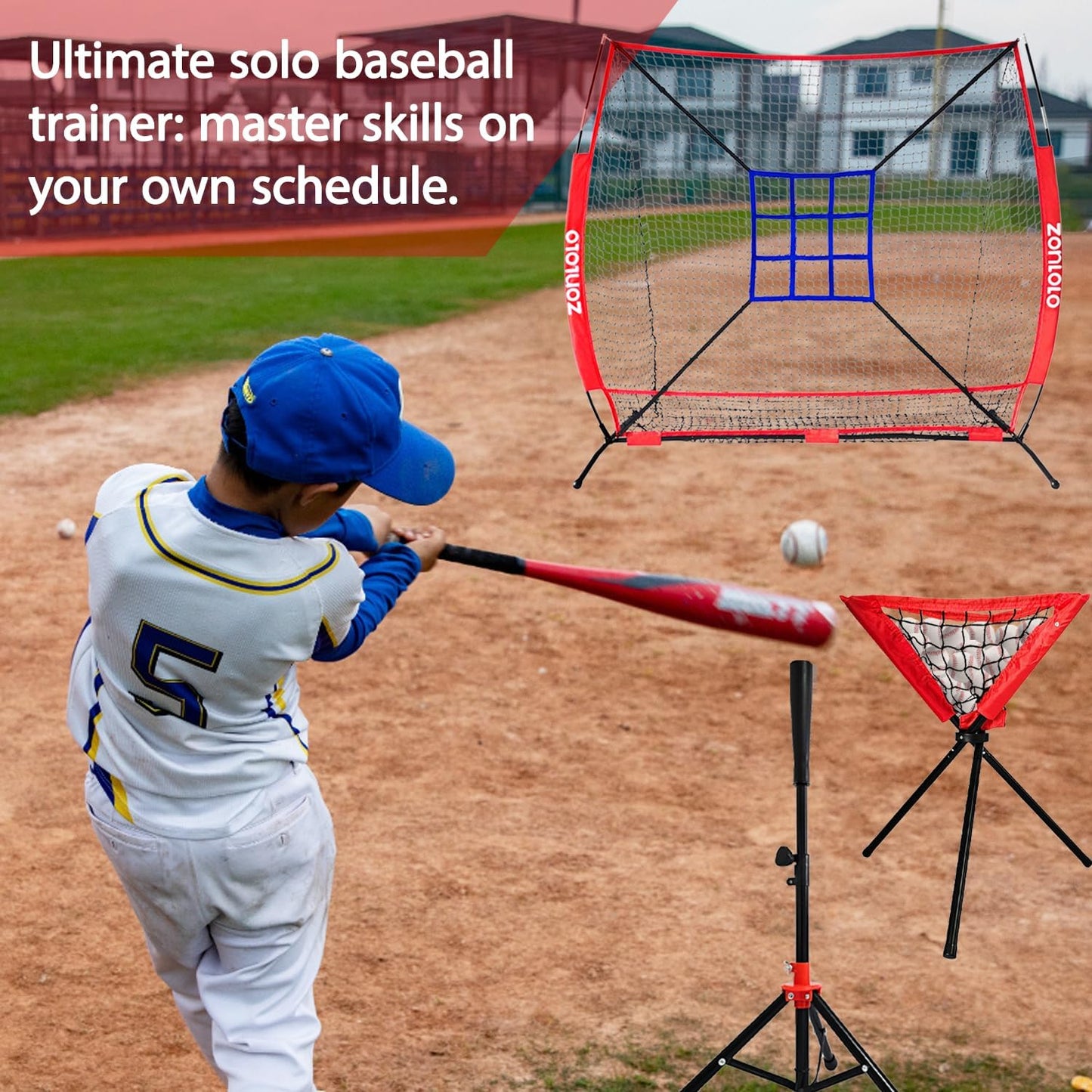 Skiennix Portable Baseball & Softball Net - Sturdy Bow Frame with Batting Tee & Ball Caddy | 6x6ft Size, Ideal for Kids