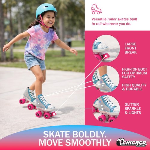 Chicago Skates Light Up Kids Roller Skates Girls - 4 Size Adjustable Roller Skates, Durable Top Performance with Front Stopper,54mm Urethane Wheels, Comfortable, Smooth Rolling, Indoor Outdoor, Age 3+