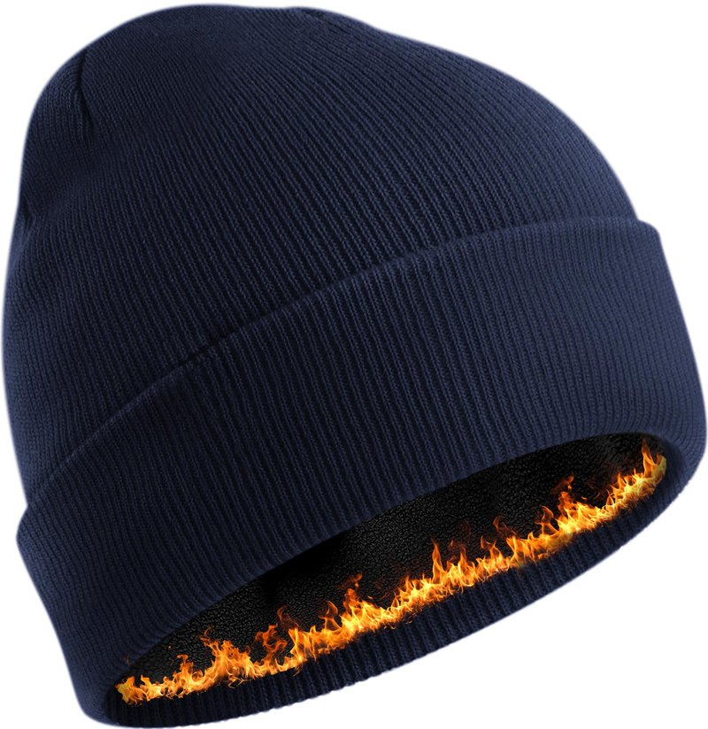Simapu Winter Fleece Lined Beanie for Men Women, 100% Cotton Knit Thick Warm Beanies Hat, Cuffed Fisherman Hats Ski Skull Cap Navy Blue