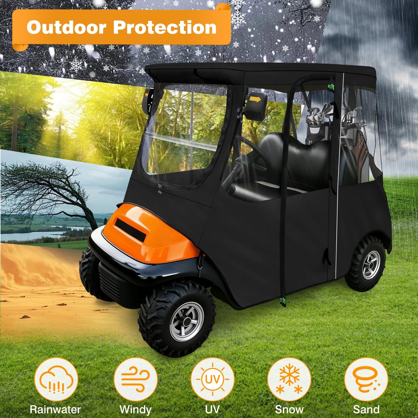 Golf Cart Deluxe Driving Enclosure 2-Passenger for Club Car Precedent 2004-Up, Tempo & Onward 2017-Up Cart | Heavy Duty 600D Waterproof,Windproof Cover with 4-Sided Clear Windows & Door Zipper