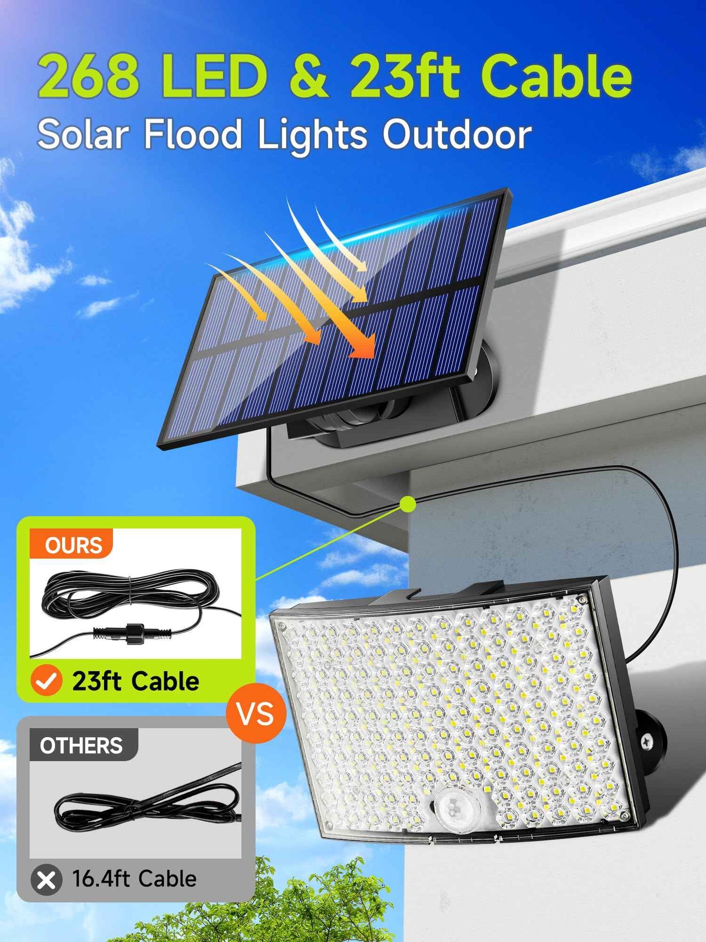 Solar Flood Lights Outdoor, [3000K Warm Color/268LED/7M/5 MODES/1PCS] Solar Motion Lights Outdoor Waterproof, Remote+IP65 Focos Solares para Exteriores Luces Solares para Patio