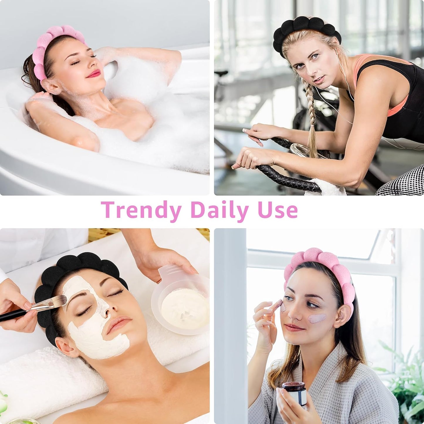 Ztomine Spa Headbands - Set of 2 Terry Cloth Face Washing Headbands for Skincare | Black & Pink