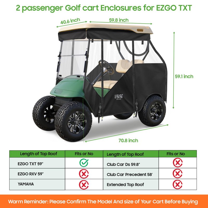 10L0L 3-Side Track Style Golf Cart Enclosure 2 Passenger Fits EZGO TXT & RXV Golf Cart Only, Heavy Duty 600D Waterproof Portable Drivable Golf Cart Storage Cover Enclosure (Track Style Black)