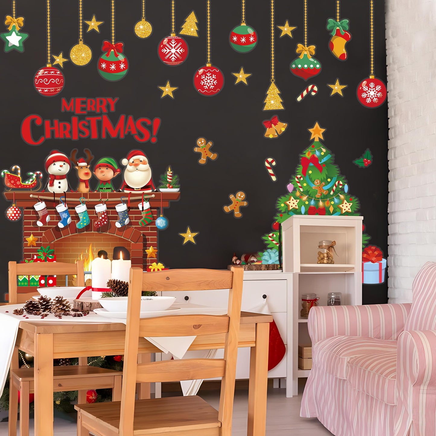 Christmas Wall Decals Christmas Tree Wall Stickers Xmas Ball Fireplace Decals Stickers Removable Merry Christmas Wall Decorations for Xmas Party Bedroom Living Room Office Home Decor, 4 Sheets