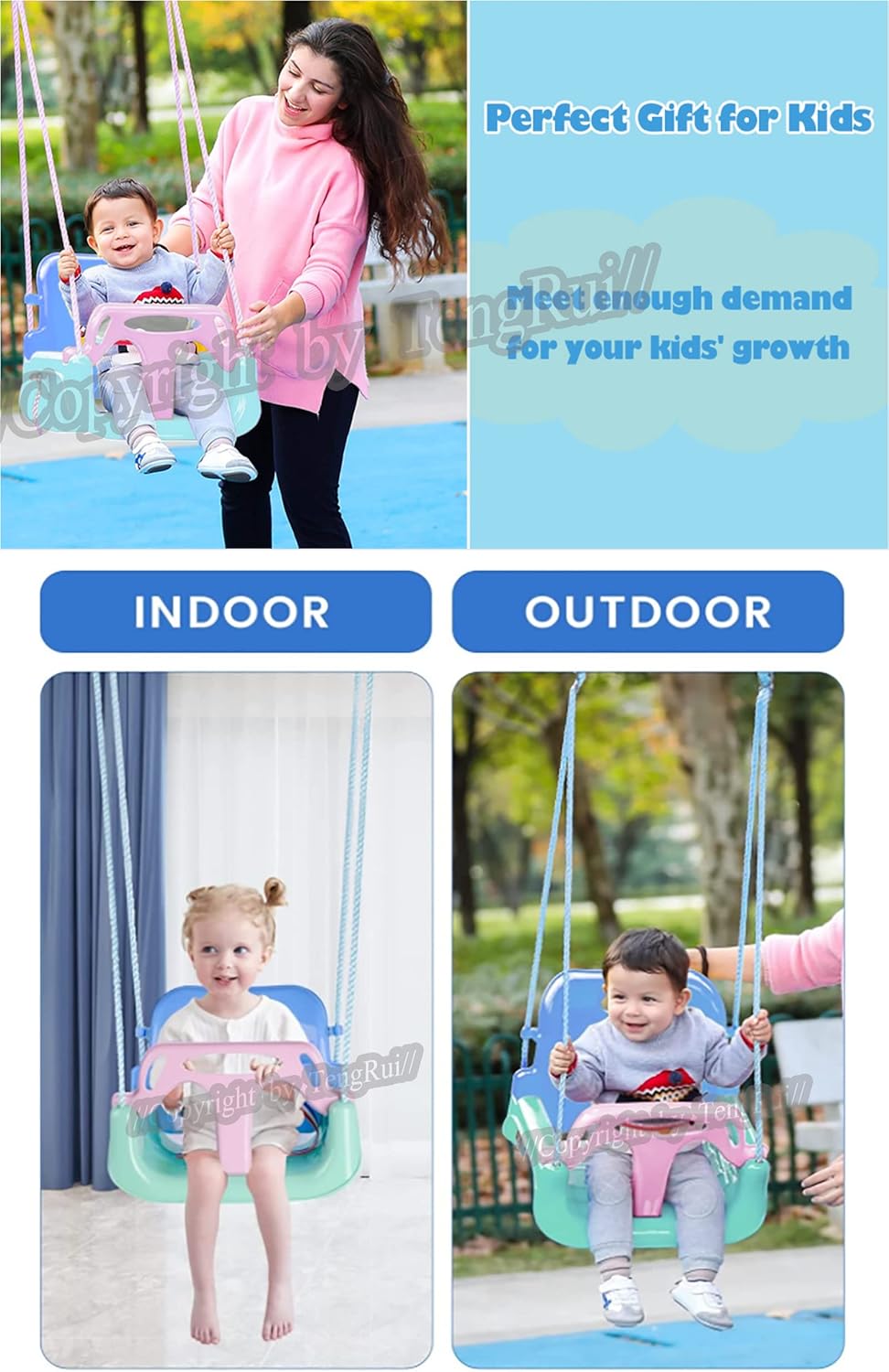 Skiennix 3-in-1 Swing | Anti-Flip Design for Toddlers to Teens | Macarons Color Outdoor Patio Chair (Light Green & Pink)