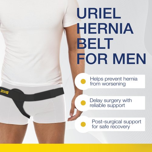 URIEL Right Side Hernia Belts for Men - Inguinal Hernia Belt for Men, Pre and Post Surgery Truss, Size Medium, Black (35.3-39.5 Inches)