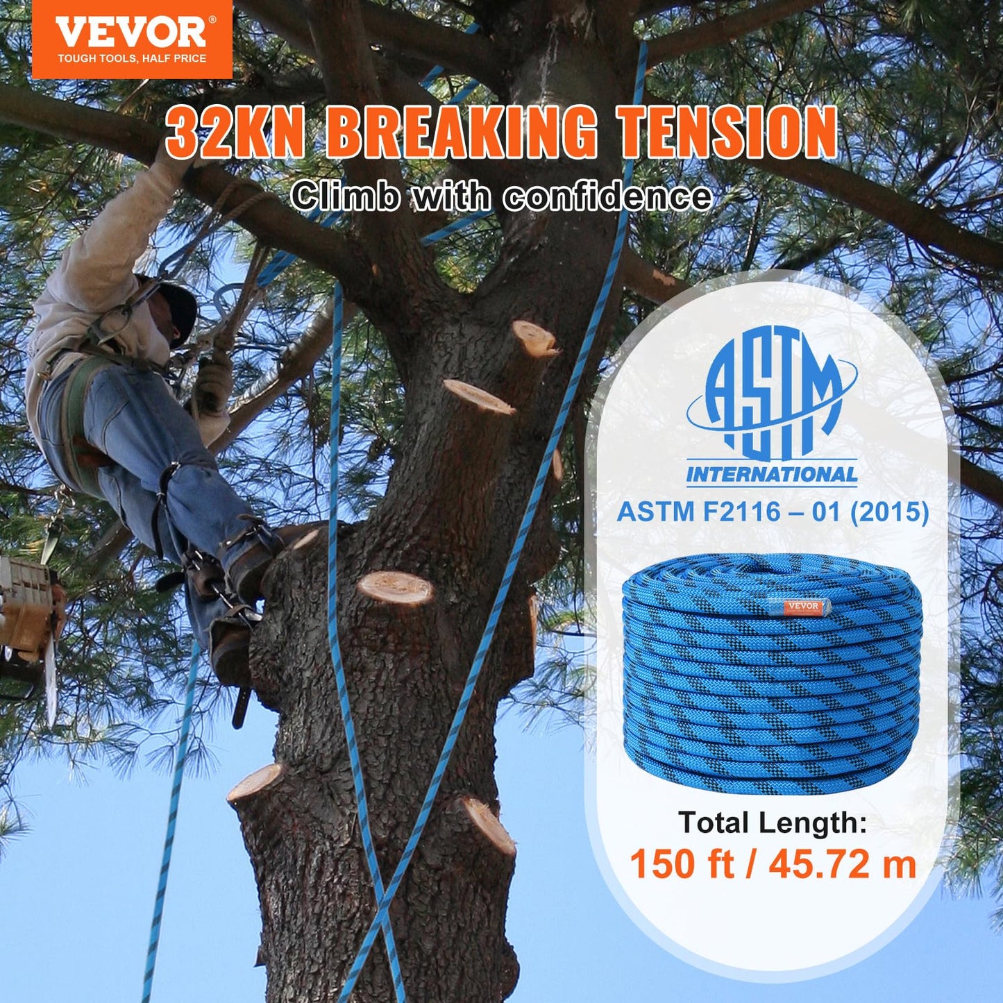 VEVOR 12.7mm Static Climbing Rope, 45.7M(150ft) Outdoor Rock Climbing Rope 30KN Breaking Tension, Fiber Rope for Escape, Rappelling, Fire Rescue, Blue