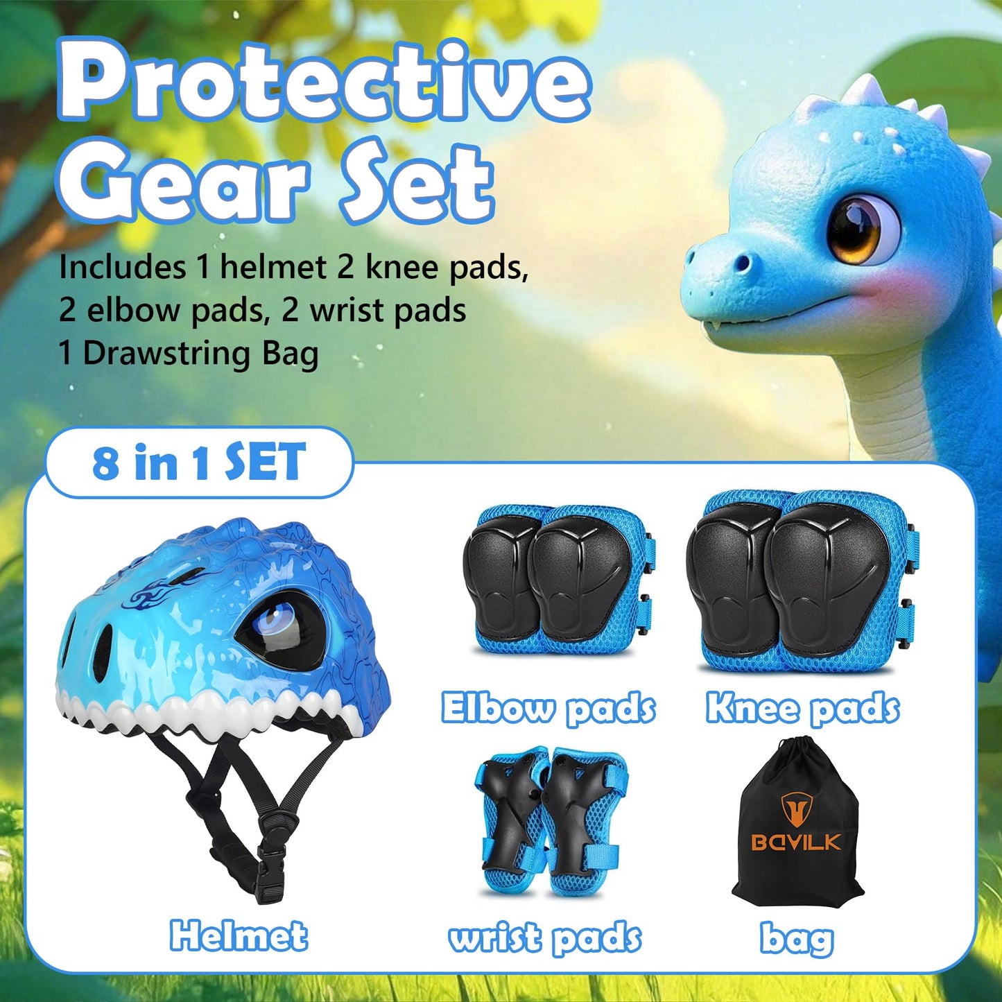 Toddler Bike Helmet,Bavilk Kids Helmet 3D Dinosaur Boys Girls Adjustable Knee Pad Elbow Pads Guards Protective Gear Set for Cycling Scooter Skateboard Inline Skatings Riding Sports