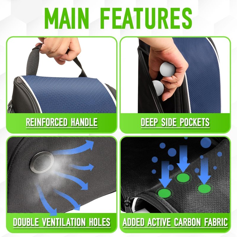 Smell Proof Shoe Cleat Bag for Travel Men - Golf Soccer Zippered Sport Shoe Carrier Bags with Ventilation & Side Pockets for Socks, Tees, Golf Balls; Golf Accessories Fathers Dad Day Gifts for Men