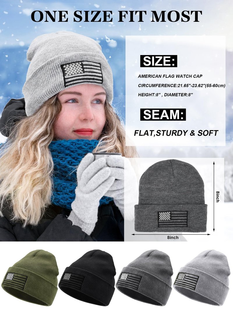 ROLVNHTV 4 Pieces American Flag Beanie Men Winter Hats Tactical Knit Beanie Military Army Skull Cap Patriotic Watch Caps USA Hats for Winter