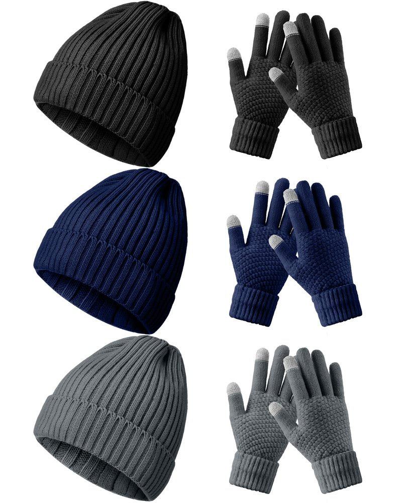 Syhood 6 Pieces Men Beanie Winter Hat Gloves Set, Winter Knitted Hats Thick Warm Knitted Skull Cap Touchscreen Gloves Unisex(Black,Navy Blue,Dark Gray)