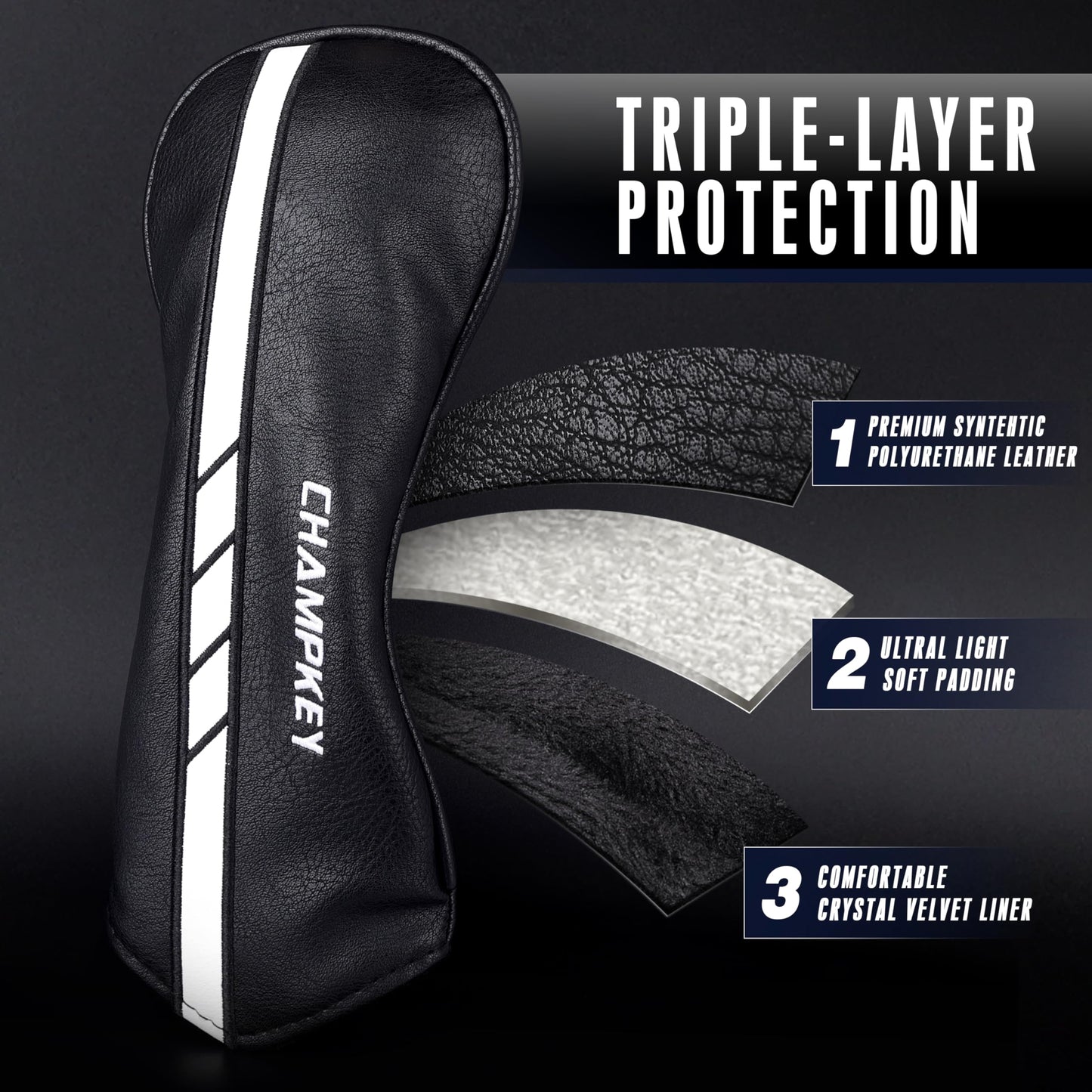 CHAMPKEY Premium Golf Head Covers for Woods and Driver - Advanced Polyurethane Synthetic Leather Golf Club Covers - Choose Between Single Cover and Full Set Covers (Black-4 Head Covers (No.1,3,5,X))