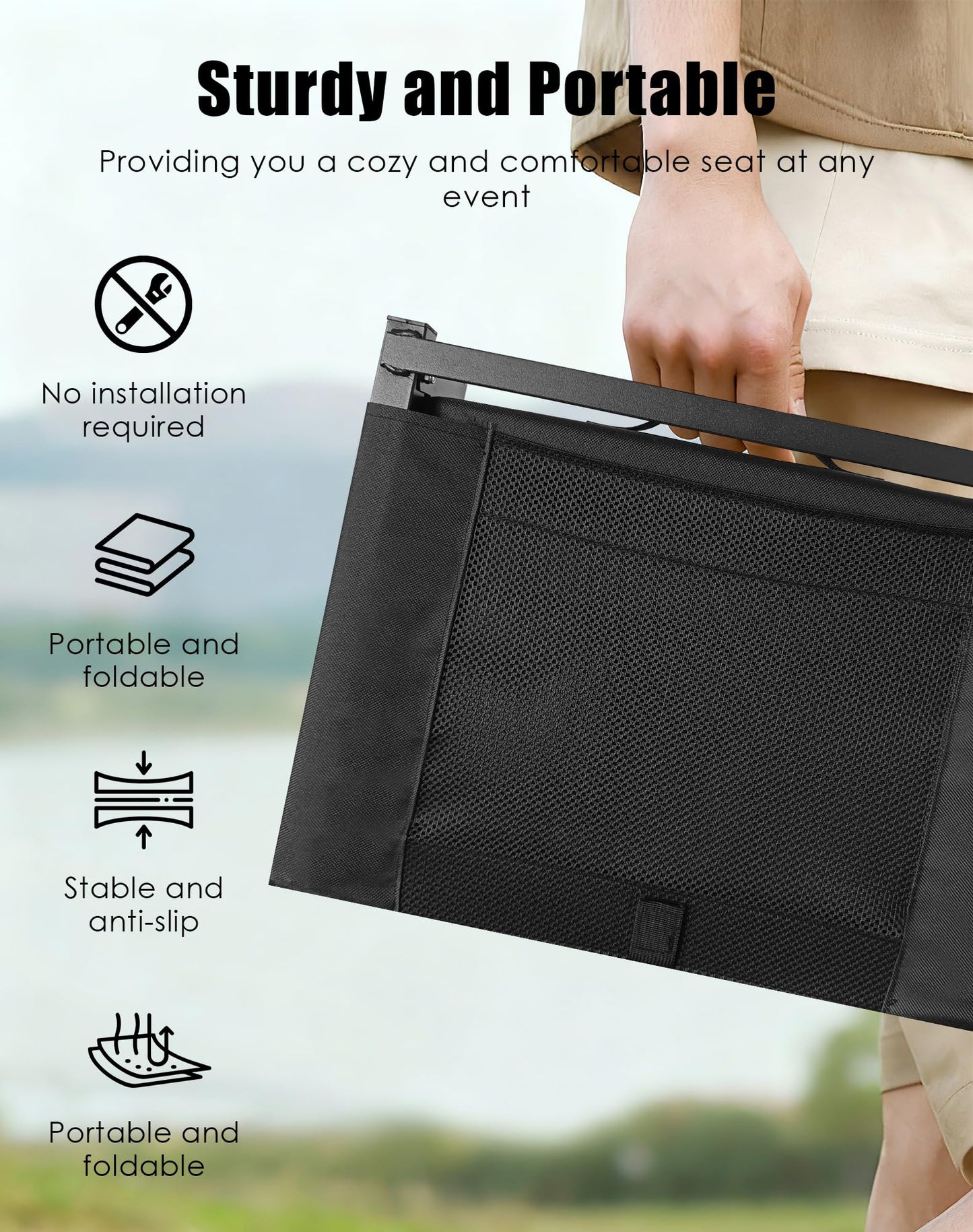 MOIICARE Stadium Seats for Bleachers with Back Support, Bleacher Chairs with Backs and Cushion Wide, Portable Folding Seats with Magnetic Bottom Strips, Includes Shoulder Strap - Black (1, Black)