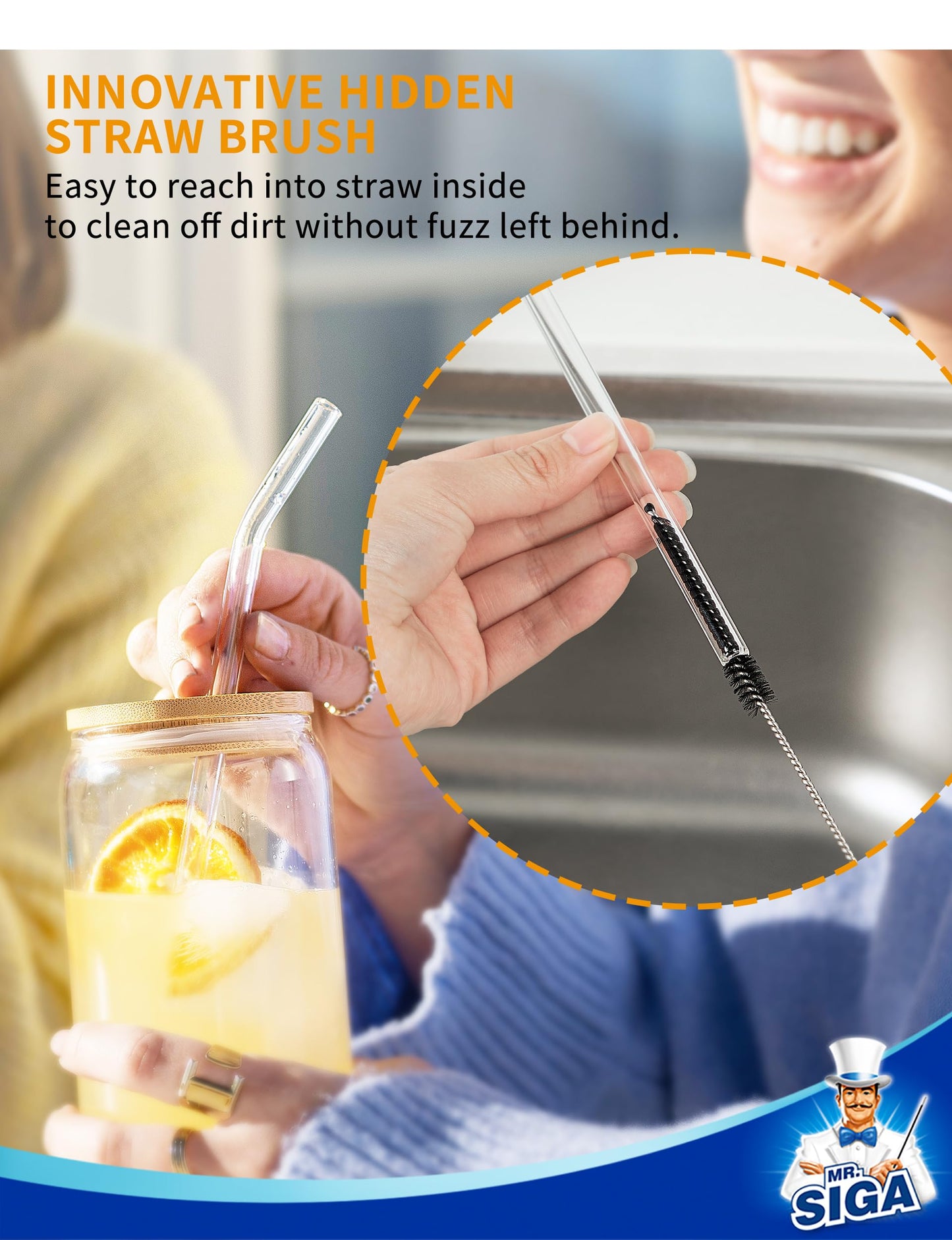 MR.SIGA Water Bottle Brush and Straw Cleaner Brush, Long Handle Bottle Cleaner Brush, 2 in 1 Bottle Cleaning Brush for Sports Bottles, Baby Bottles, Mugs, Straws, Black