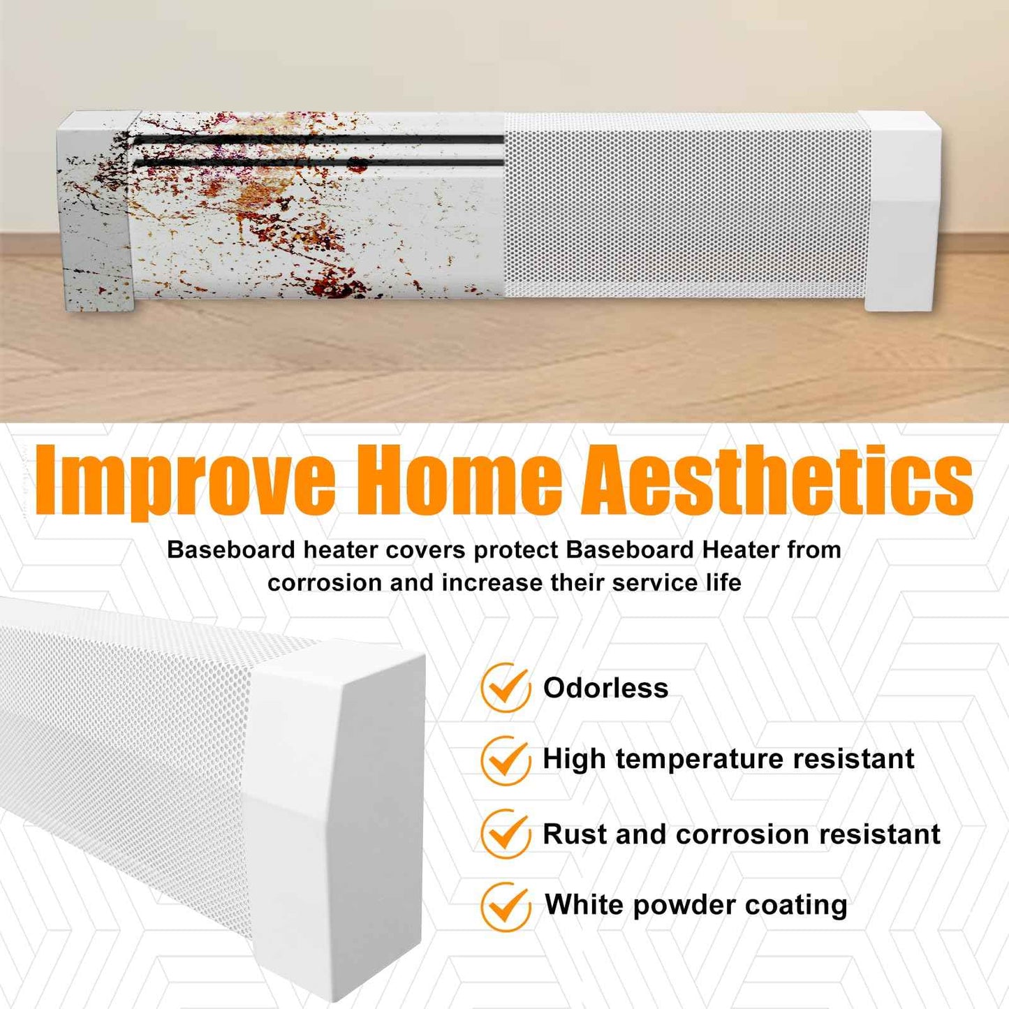 Gekufa 5 FT Baseboard Heater Cover with Left and Right Endcaps, Galvanized Steel Easy Slip-On Heater Covers for Hydronic [Water] Systems, Baseboard Cover Suitable for Home DIY (White)