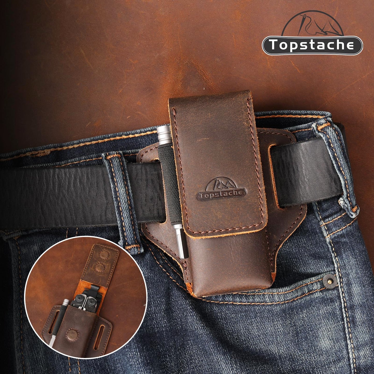 Topstache Leather Multitool Sheath for Belt - Multitool Holder - EDC Belt Organizer - Two Magnetic Closure - Darkbrown